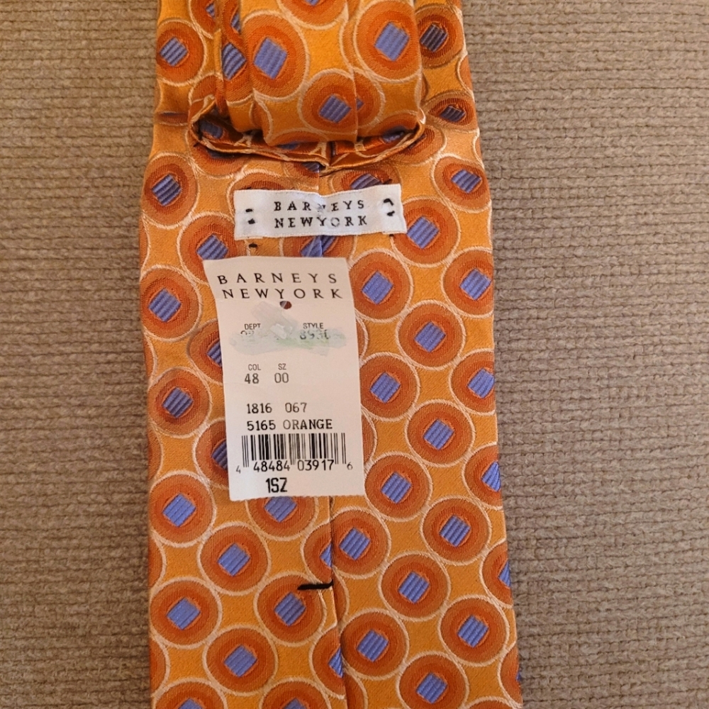 Barneys New York 100% Silk Tie – Orange & Blue Geometric Pattern